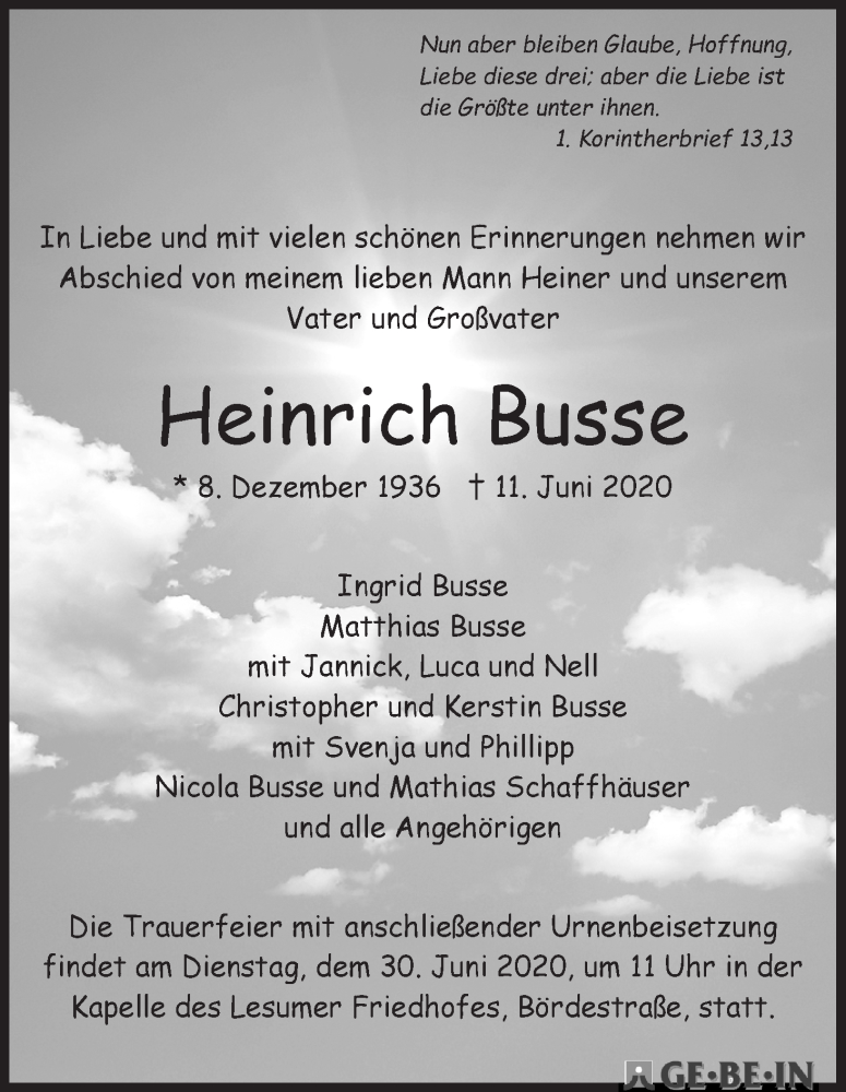Traueranzeige von Heinrich Busse von Die Norddeutsche