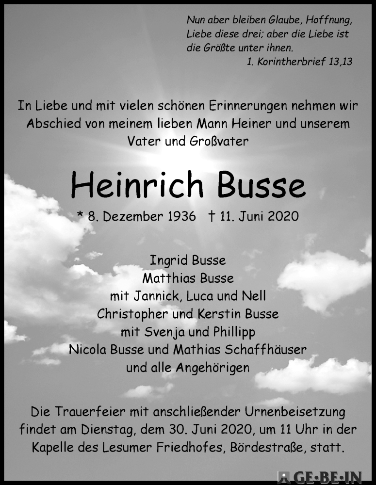 Traueranzeige von Heinrich Busse von WESER-KURIER