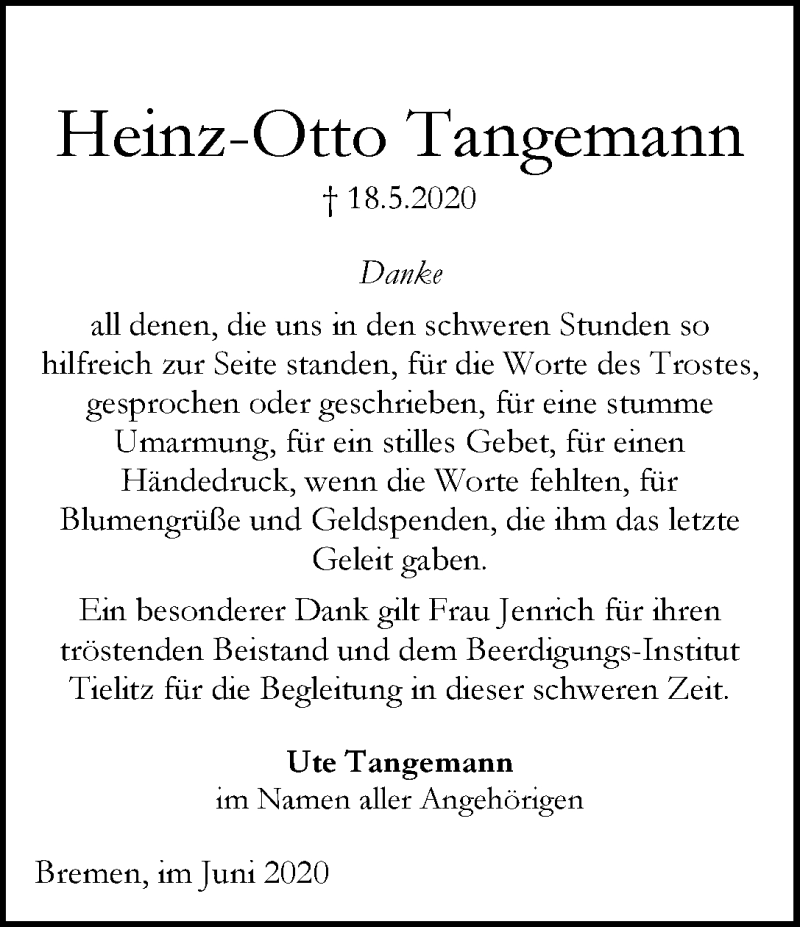 Traueranzeige von Heinz-Otto Tangemann von WESER-KURIER