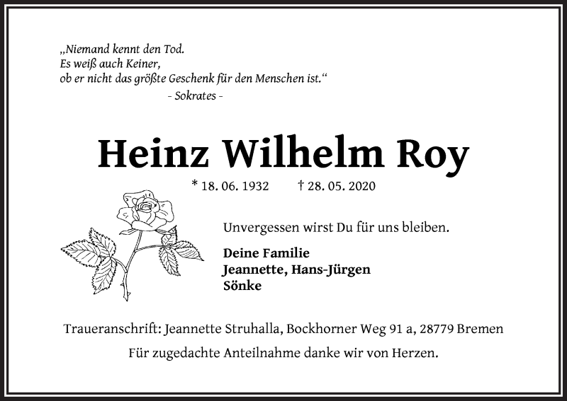 Traueranzeige von Heinz Wilhelm Roy von Die Norddeutsche