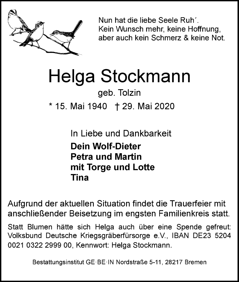 Traueranzeige von Helga Stockmann von WESER-KURIER