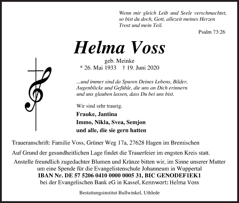 Traueranzeige von Helma Voss von Die Norddeutsche