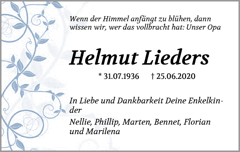 Traueranzeige von Helmut Lieders von Die Norddeutsche