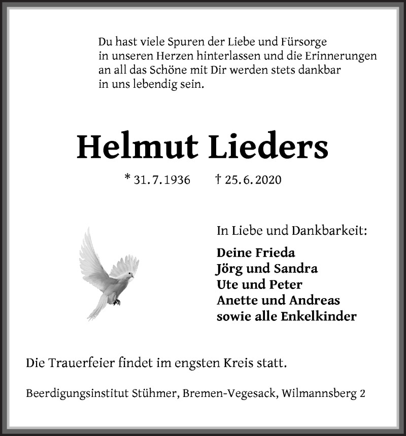 Traueranzeige von Helmut Lieders von Die Norddeutsche