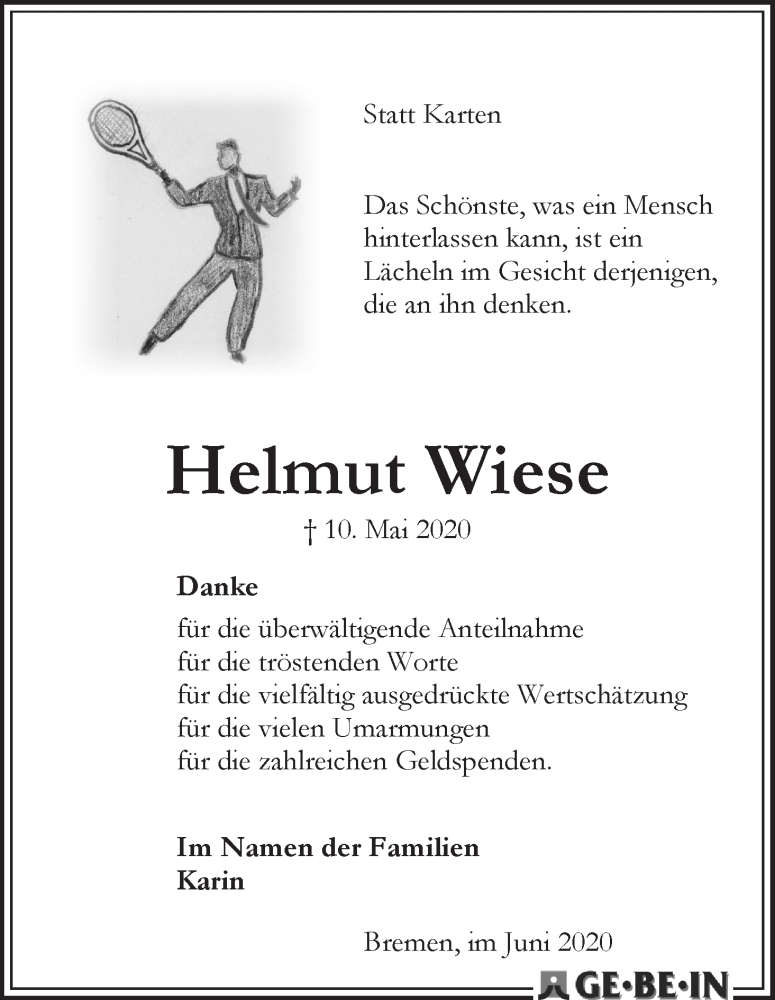 Traueranzeige von Helmut Wiese von WESER-KURIER
