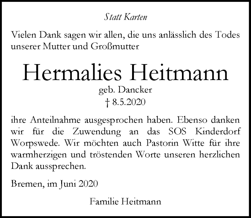 Traueranzeige von Hermalies Heitmann von WESER-KURIER