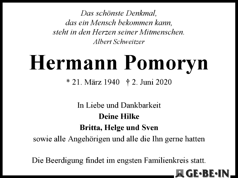 Traueranzeige von Hermann Pomoryn von WESER-KURIER