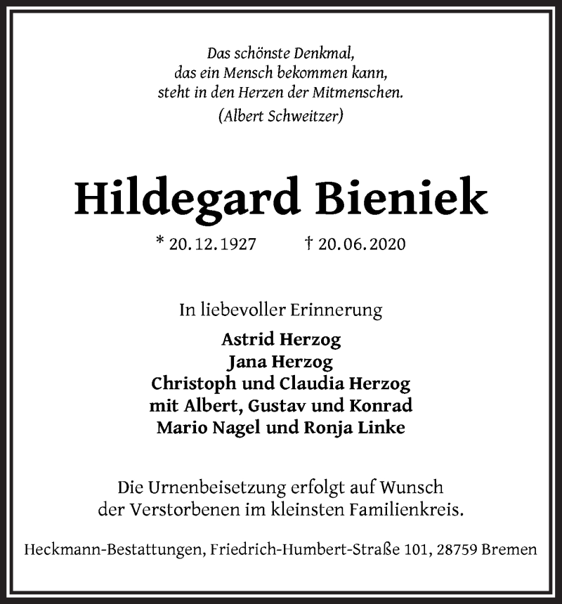 Traueranzeige von Hildegard Bieniek von Die Norddeutsche