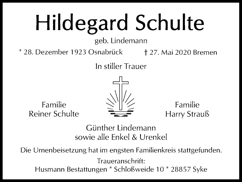 Traueranzeige von Hildegard Schulte von WESER-KURIER