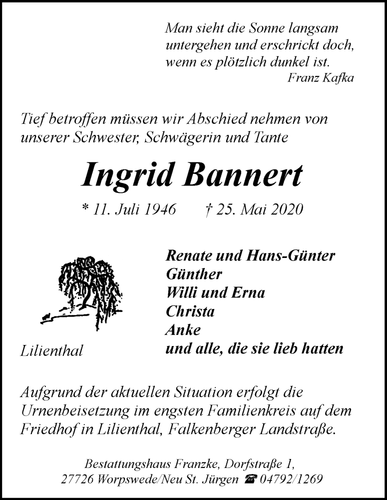 Traueranzeige von Ingrid Bannert von Wuemme Zeitung