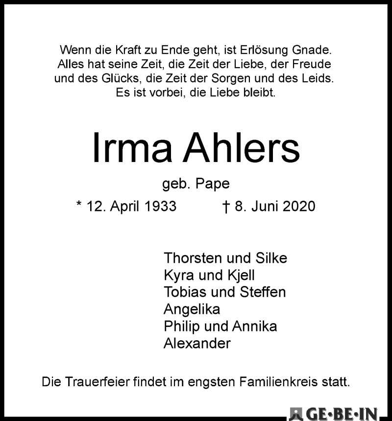 Traueranzeige von Irma Ahlers von WESER-KURIER
