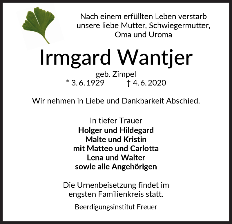 Traueranzeige von Irmgard Wantjer von WESER-KURIER