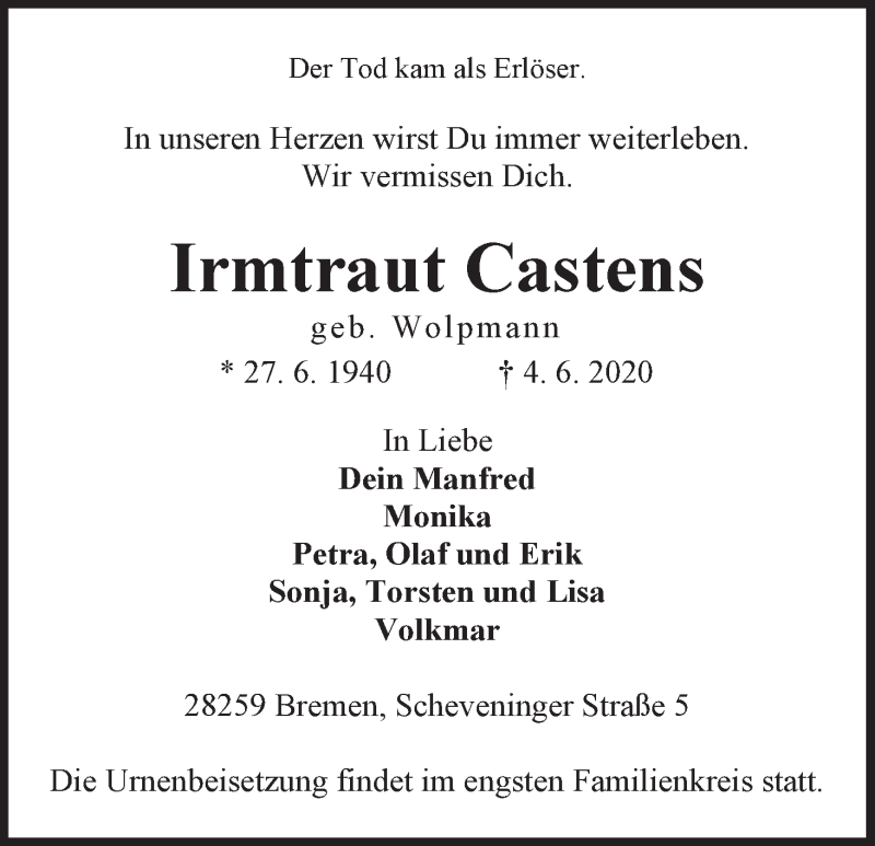 Traueranzeige von Irmtraut Castens von WESER-KURIER