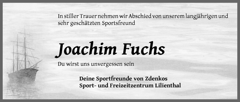 Traueranzeige von Joachim Fuchs von Wuemme Zeitung