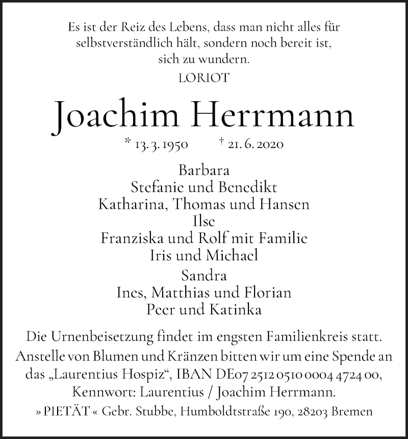 Traueranzeige von Joachim Herrmann von WESER-KURIER