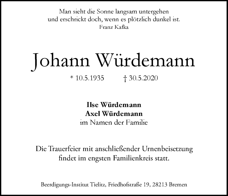 Traueranzeige von Johann Würdemann von WESER-KURIER