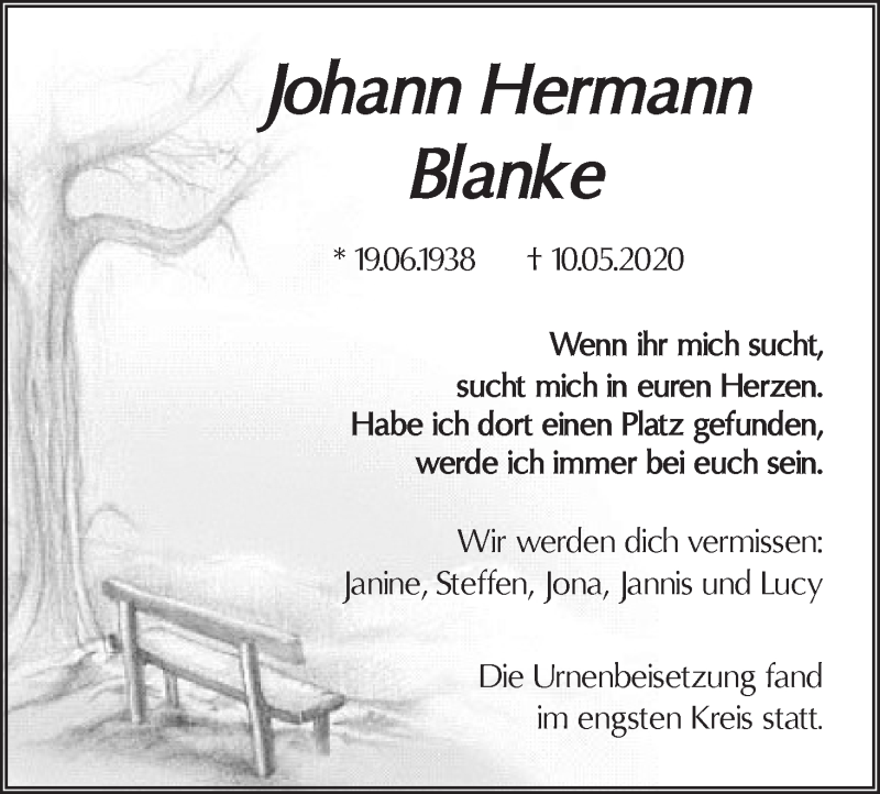 Traueranzeige von Johann Hermann Blanke von WESER-KURIER