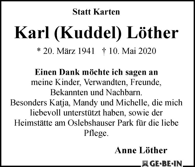 Traueranzeige von Karl (Kuddel) Löther von WESER-KURIER