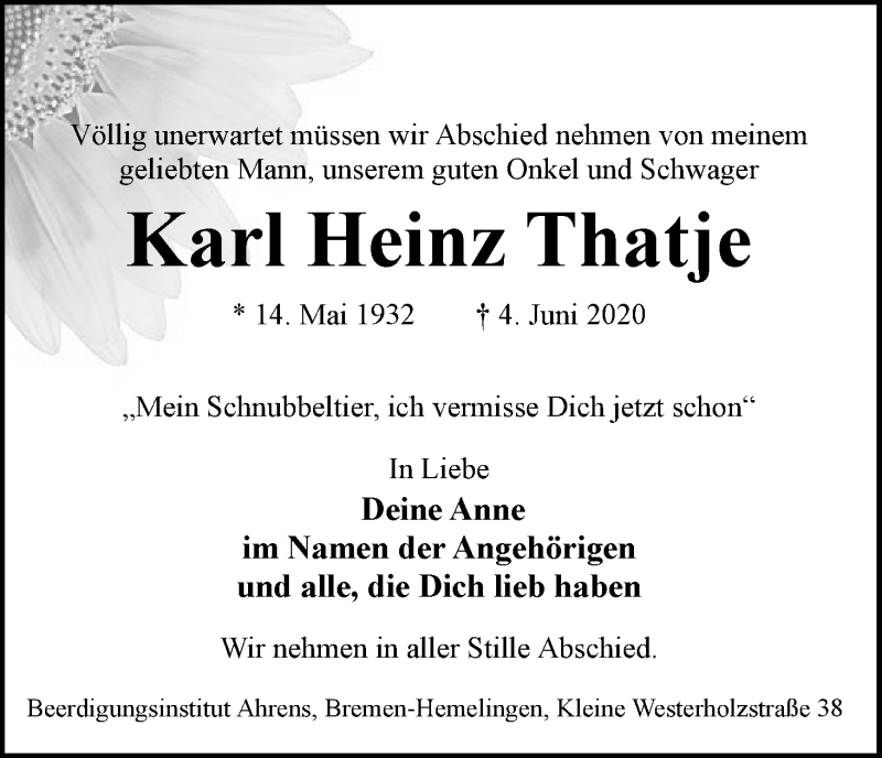 Traueranzeige von Karl Heinz Thatje von WESER-KURIER