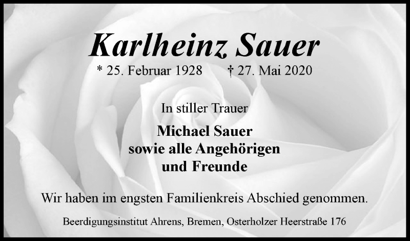 Traueranzeige von Karlheinz Sauer von WESER-KURIER