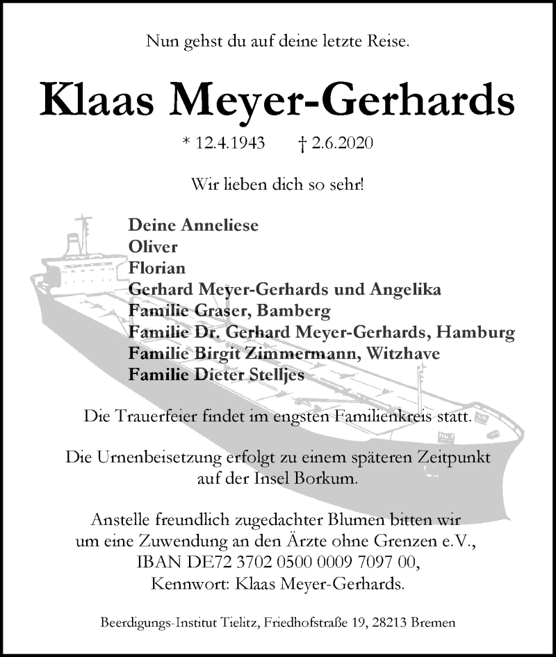 Traueranzeige von Klaas Meyer-Gerhards von WESER-KURIER