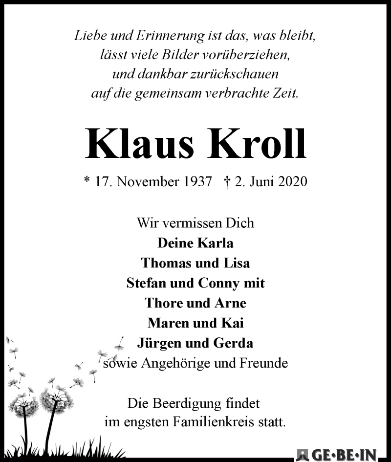 Traueranzeige von Klaus Kroll von WESER-KURIER