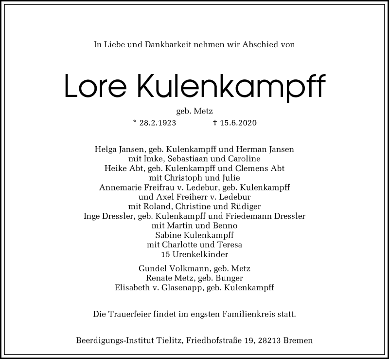 Traueranzeige von Lore Kulenkampff von WESER-KURIER