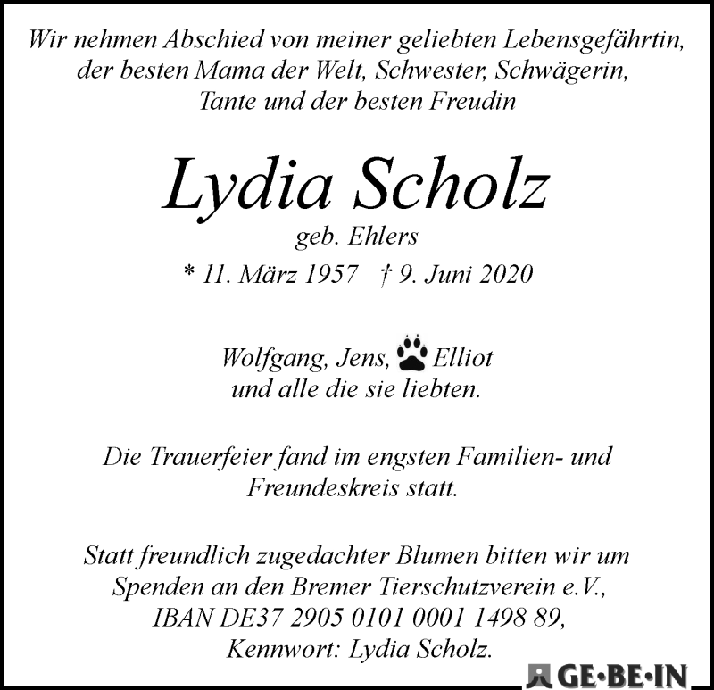 Traueranzeige von Lydia Scholz von Die Norddeutsche