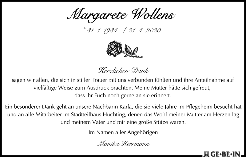 Traueranzeige von Margarete Wollens von WESER-KURIER