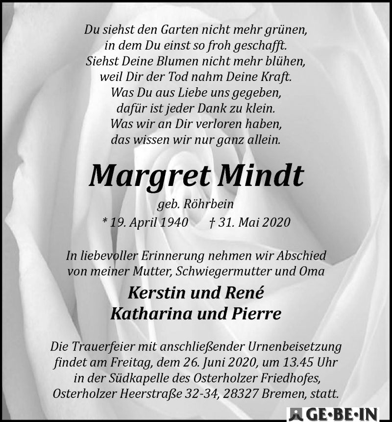 Traueranzeige von Margret Mindt von WESER-KURIER