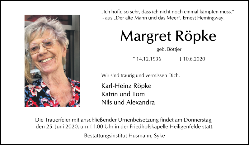 Traueranzeige von Margret Röpke von Regionale Rundschau/Syker Kurier