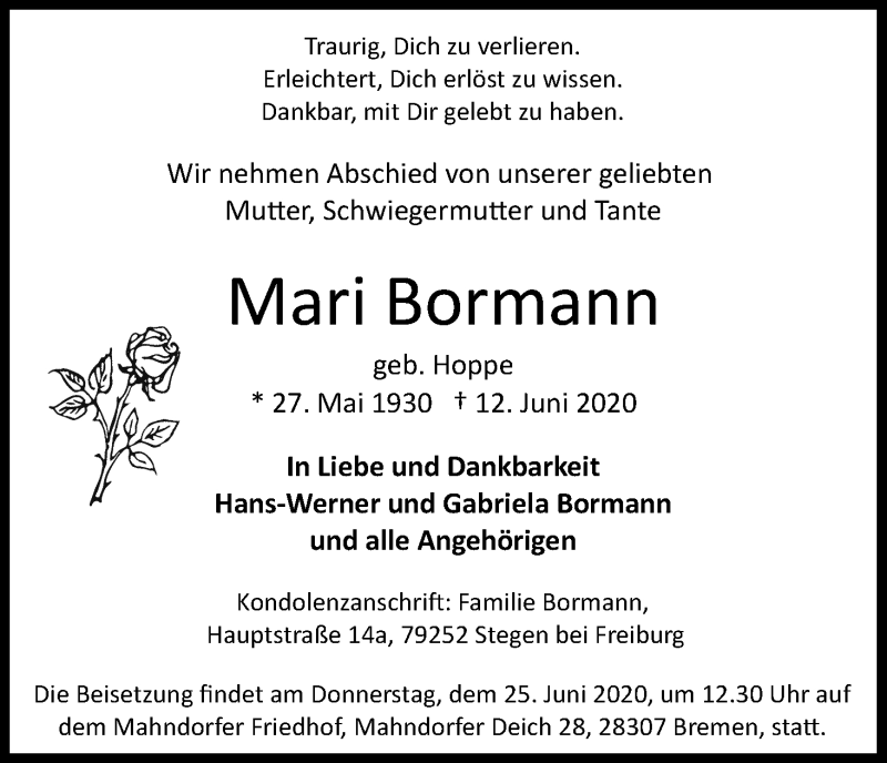 Traueranzeige von Mari Bormann von WESER-KURIER