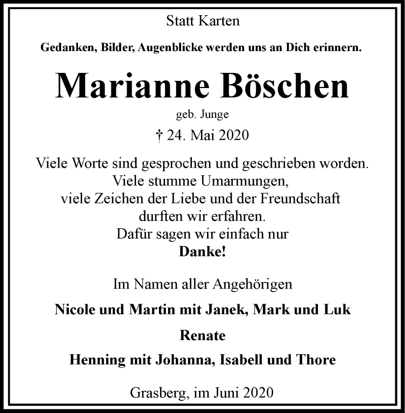 Traueranzeige von Marianne Böschen von Wuemme Zeitung