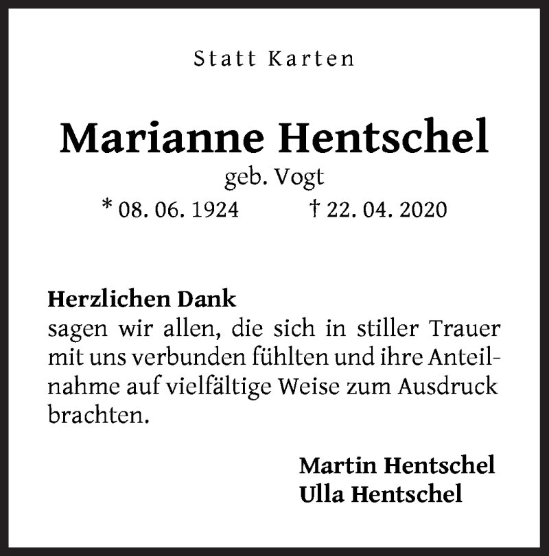 Traueranzeige von Marianne Hentschel von WESER-KURIER