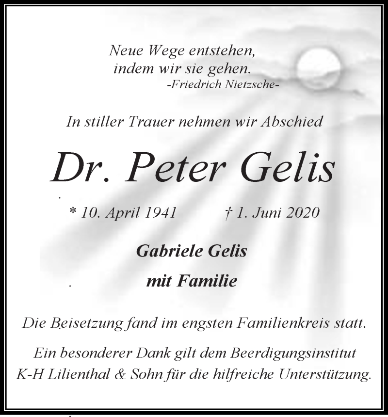 Traueranzeige von Peter Gelis von Osterholzer Kreisblatt