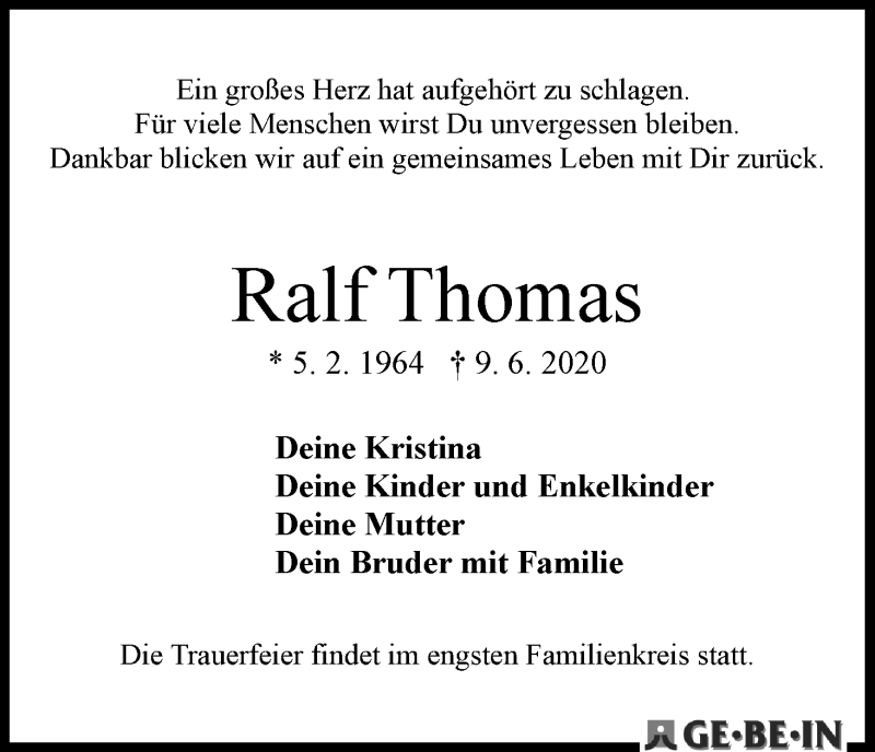 Traueranzeige von Ralf Thomas von WESER-KURIER