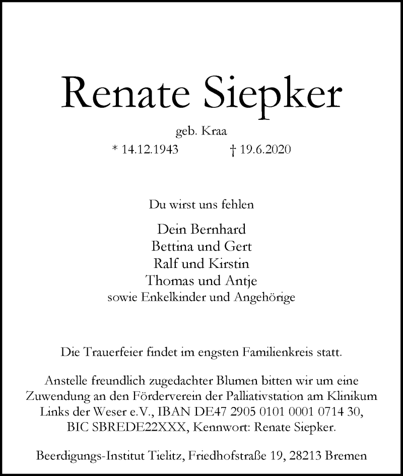 Traueranzeige von Renate Siepker von WESER-KURIER
