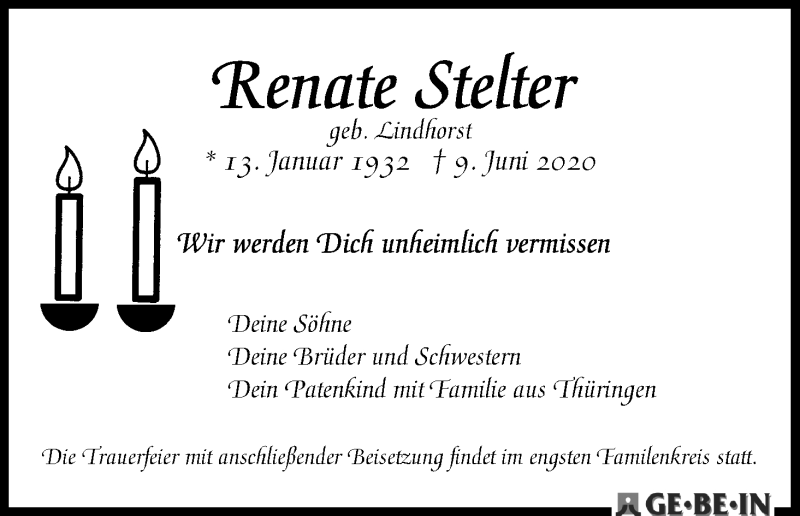 Traueranzeige von Renate Stelter von WESER-KURIER