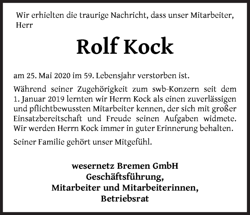 Traueranzeige von Rolf Kock von WESER-KURIER