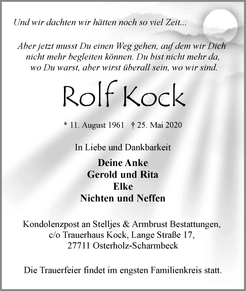 Traueranzeige von Rolf Kock von Osterholzer Kreisblatt