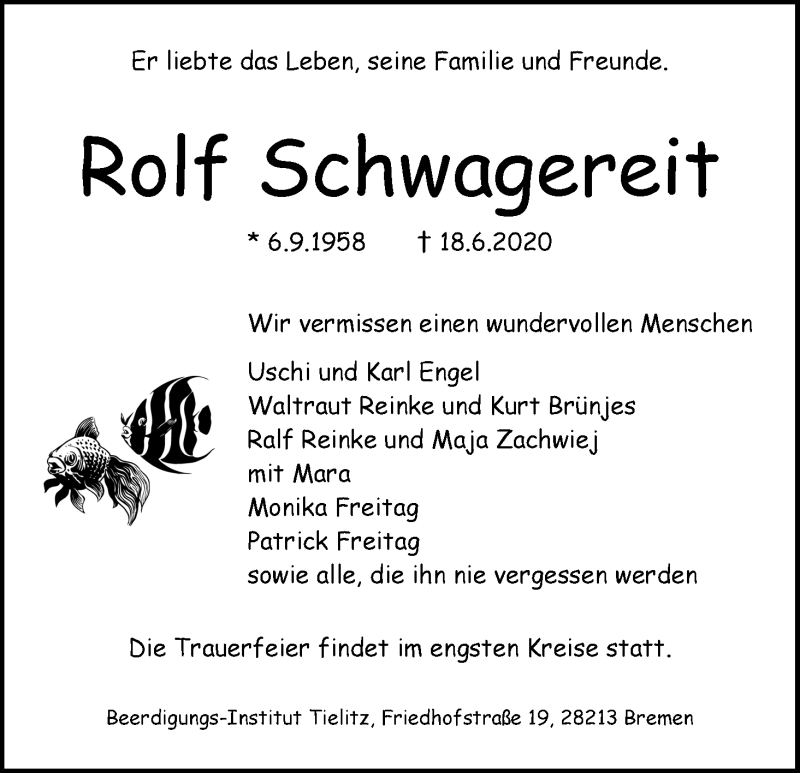 Traueranzeige von Rolf Schwagereit von WESER-KURIER