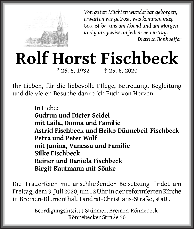 Traueranzeige von Rolf Horst Fischbeck von Die Norddeutsche