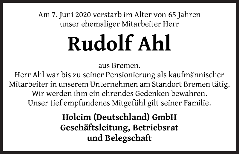 Traueranzeige von Rudolf Ahl von WESER-KURIER