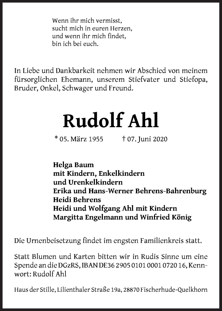 Traueranzeige von Rudolf Ahl von WESER-KURIER