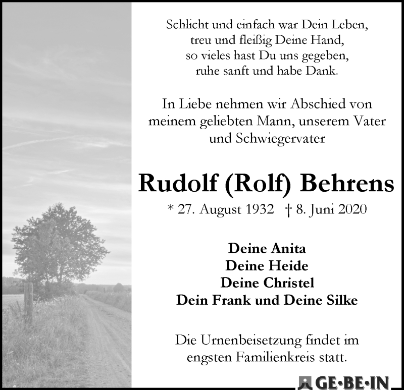 Traueranzeige von Rudolf Behrens von WESER-KURIER