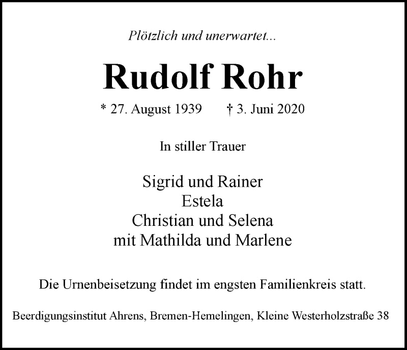 Traueranzeige von Rudolf Rohr von WESER-KURIER