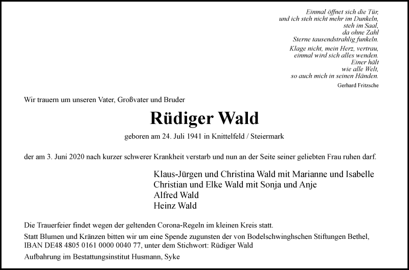 Traueranzeige von Rüdiger Wald von Regionale Rundschau/Syker Kurier