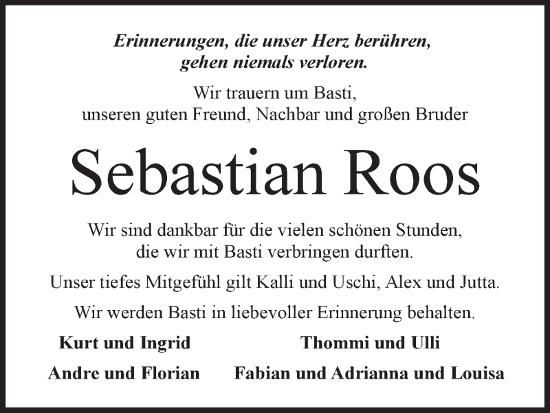 Traueranzeige von Sebastian Roos von WESER-KURIER