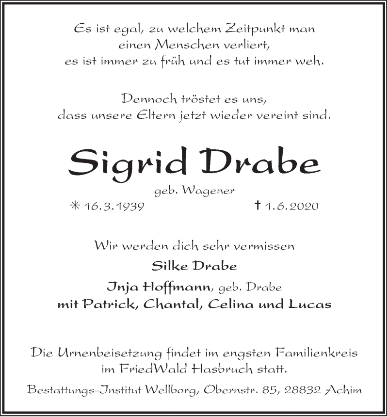 Traueranzeige von Sigrid Drabe von WESER-KURIER