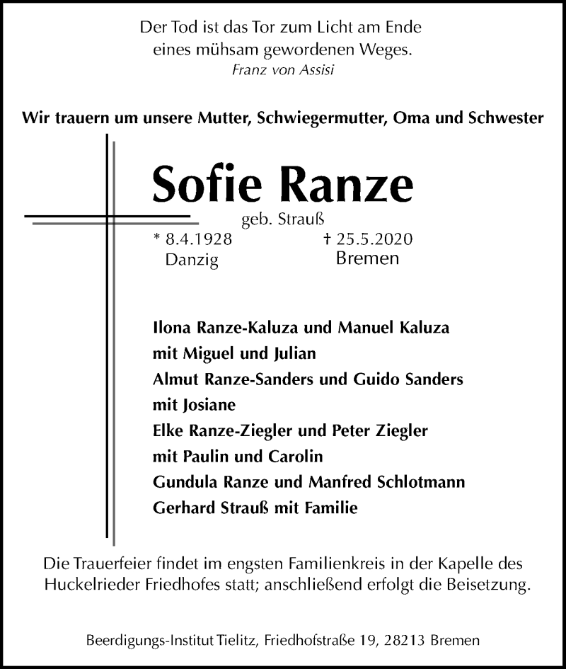 Traueranzeige von Sofie Ranze von WESER-KURIER
